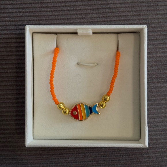 Orange Beaded Necklace with Multicolor Fish Accent - Picture 3 of 7
